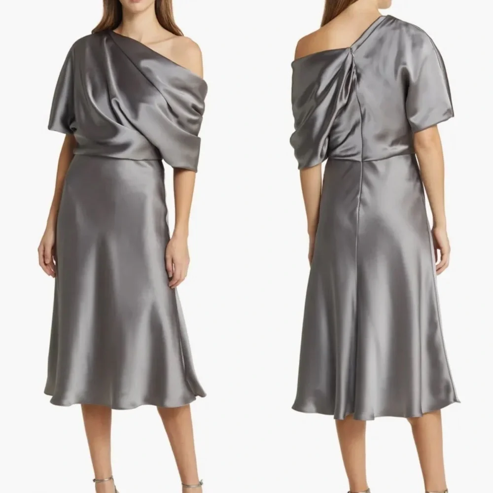 NWOT Amsale The Slouch Draped Satin One-Shoulder Midi Dress sz 2